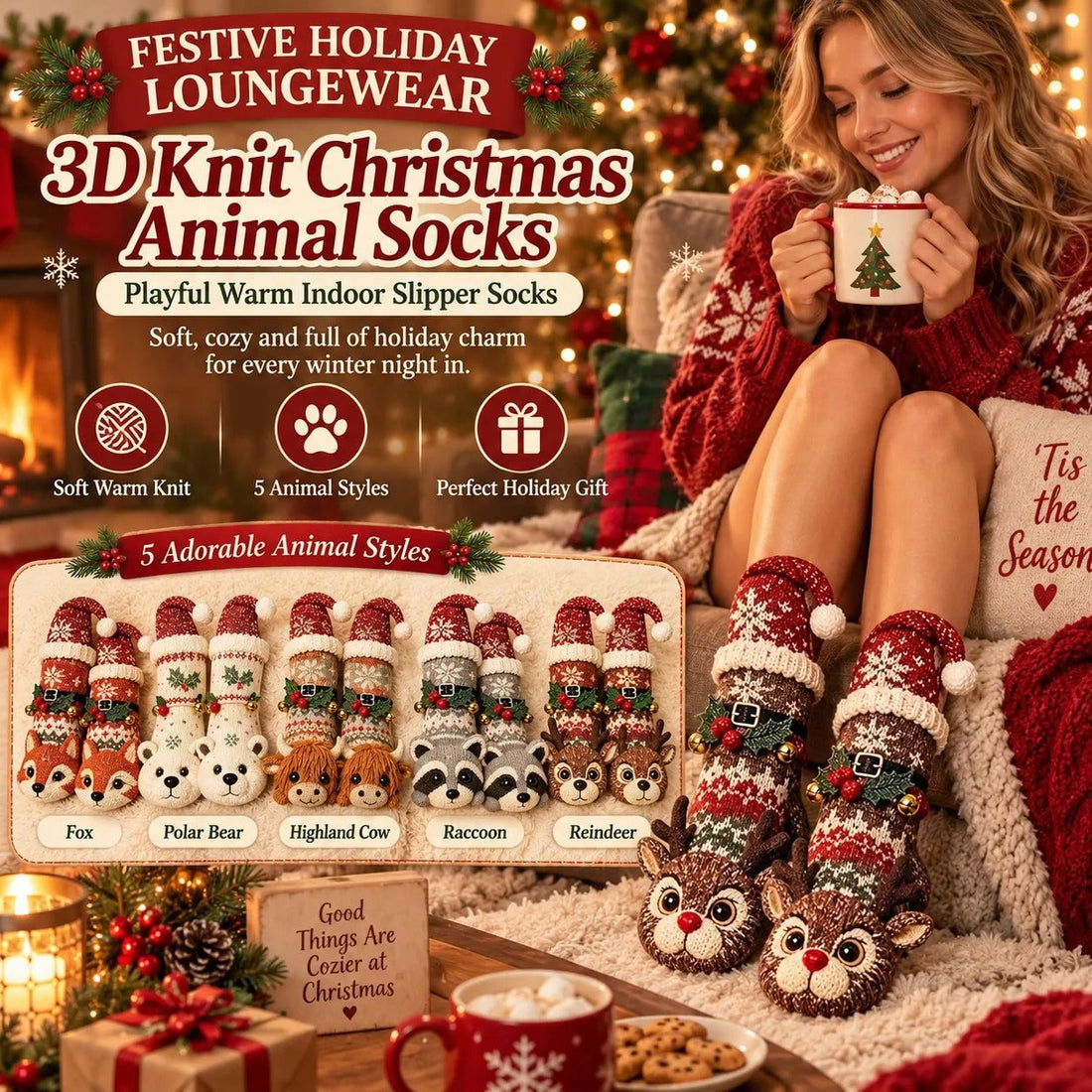 3D Knit Christmas Animal Slipper Socks | Cute Festive Soft Warm Indoor Socks