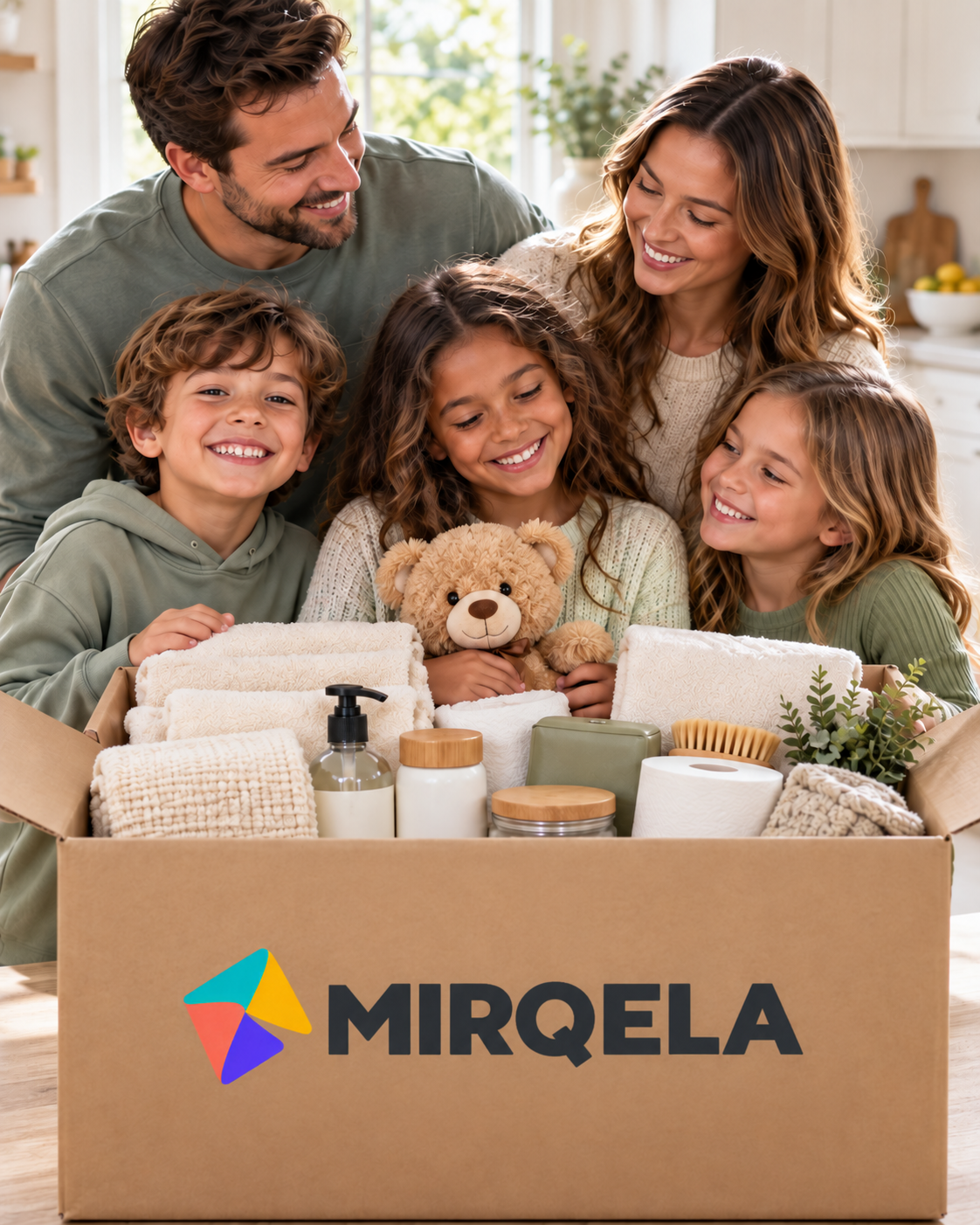 Illustrative MIRQELA family care scene with a box of household essentials