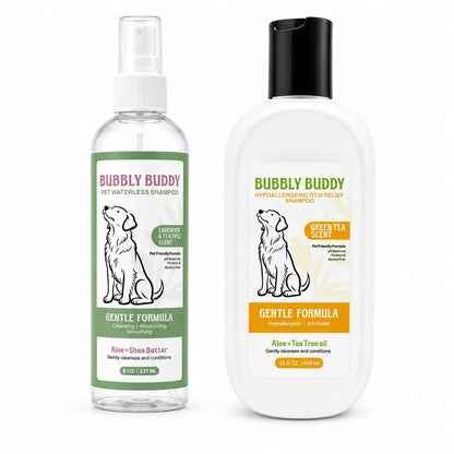 Bubbly Buddy waterless spray and gentle green tea shampoo set