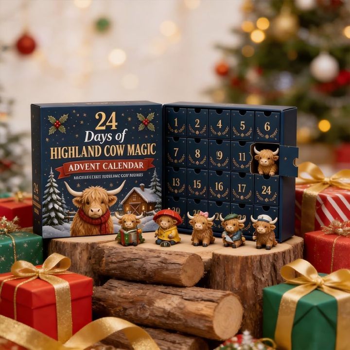 24-Day Highland Cow Advent Calendar – 24 Mini Figurine Surprises