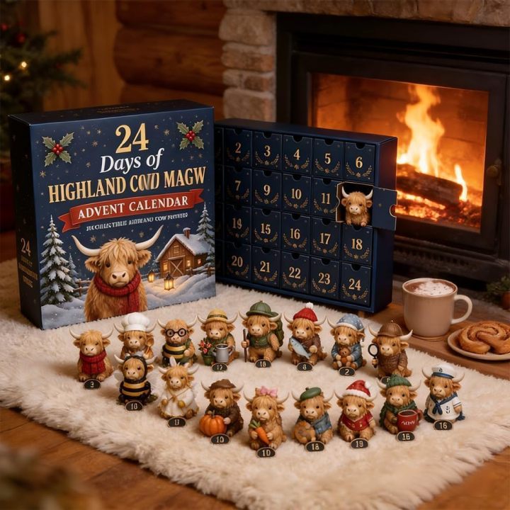 24-Day Highland Cow Advent Calendar – 24 Mini Figurine Surprises